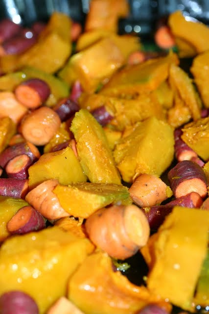 Sweet Mama Squash & Red Dragon Carrots, roasting.