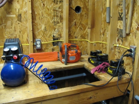 Outlets on every wall - 2 on left, 2 on right, 1 on rear. Shown are the 1 rear and 1 of the right wall outlets.