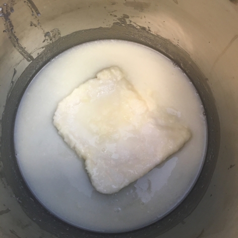 Miss Clyde's frozen goat milk melting as sodium hydroxide is added.