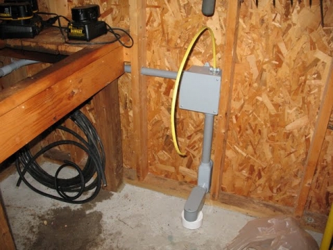 Junction box completed. The yellow wire will provide power inside the shed for lights and outlets.