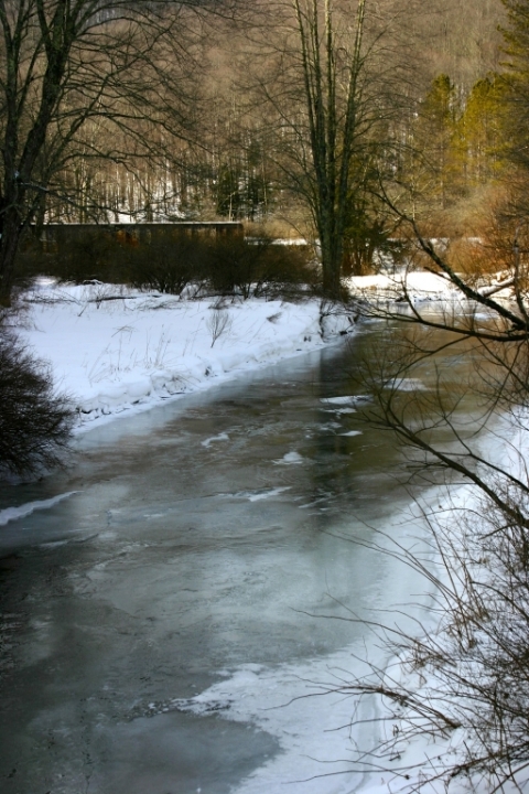 View from FR 44 bridge, looking toward rail/trail bridge over Little River.