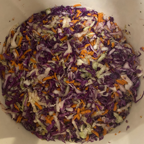 Shredded cabbage and carrots in the sauerkraut crock.